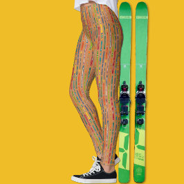 Colorful Vintage Skis on Light Brown Patterned レギンス