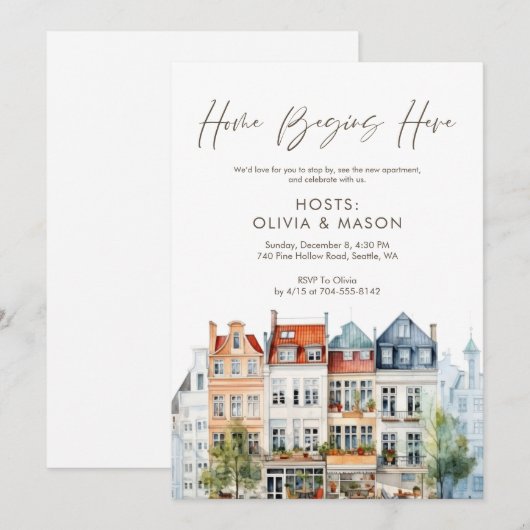 Colorful Watercolor Apartment Housewarming 招待状 (正面/裏面)