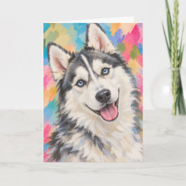 Colorful Watercolor Blue Eyed Dog Portrait Card カード