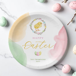 Colorful Watercolor Easter Chick In Willow Wreath ペーパープレート