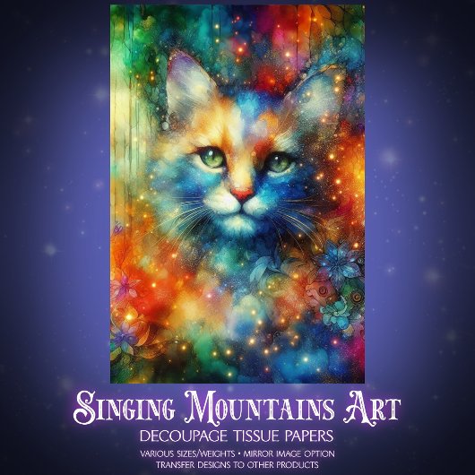 Colorful Watercolor Fantasy Cat Decoupage  薄葉紙