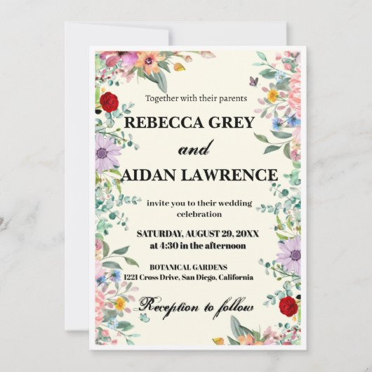 Colorful Watercolor Floral Wedding Invitation – Cu 招待状 (正面)