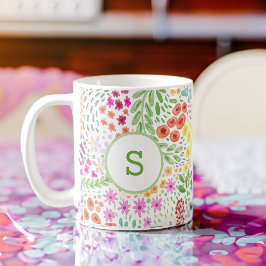Colorful Watercolor Flower Pattern Spring Monogram コーヒーマグカップ