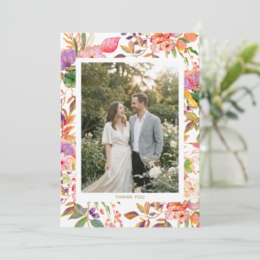 Colorful Watercolor Flowers Custom Photo Wedding サンキューカード (スタンド正面)