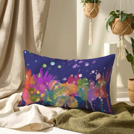 Colorful Watercolor Flowers on Blue ランバークッション