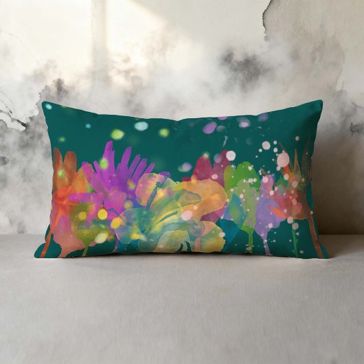 Colorful Watercolor Flowers on Green ランバークッション
