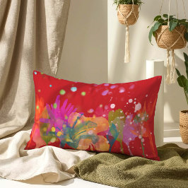 Colorful Watercolor Flowers on Red ランバークッション