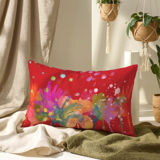 Colorful Watercolor Flowers on Red ランバークッション