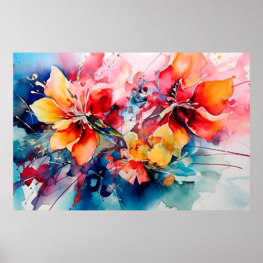 Colorful Watercolor Flowers Vibrant Art ポスター (正面)