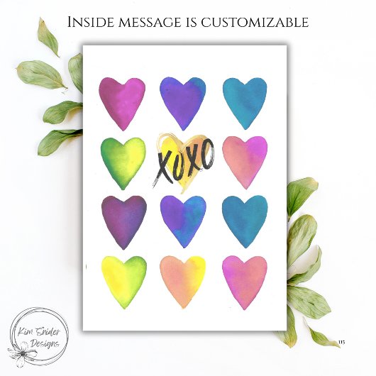 Colorful Watercolor Hearts XOXO Valentine’s Day  カード