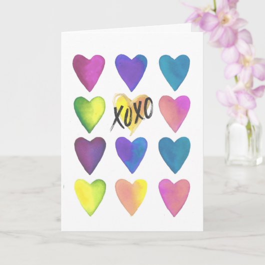 Colorful Watercolor Hearts XOXO Valentine’s Day  カード (蘭)