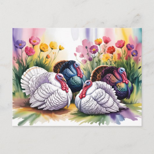 Colorful Watercolor Illustration of Turkeys  ポストカード (正面)