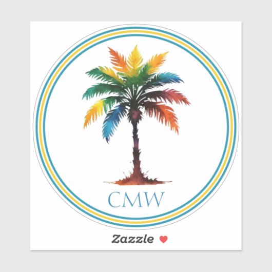 Colorful Watercolor Palm Tree Monogram シール (シート)