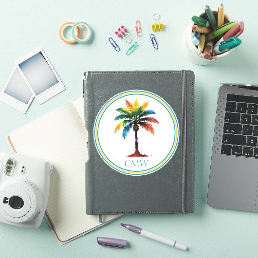 Colorful Watercolor Palm Tree Monogram シール (iPadカバー)