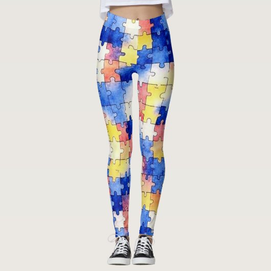 Colorful Watercolor Puzzle Piece Pattern Leggings レギンス (正面)