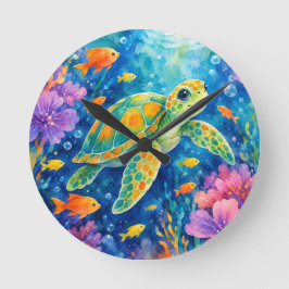 Colorful Watercolor Sea Turtle ラウンド壁時計