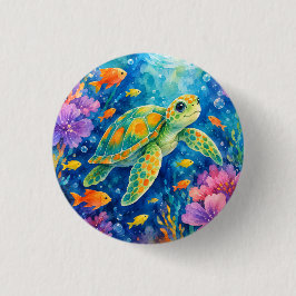 Colorful Watercolor Sea Turtle 缶バッジ