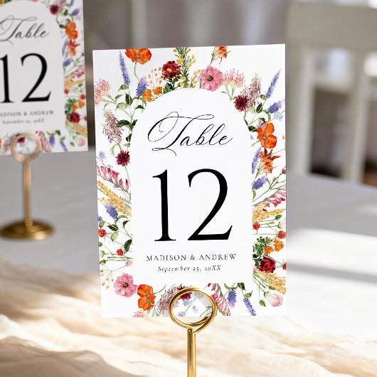 Colorful Watercolor Wildflower Arch Wedding テーブルナンバー