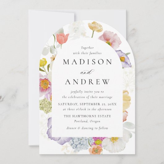 Colorful Watercolor Wildflower Arch Wedding 招待状 (正面)