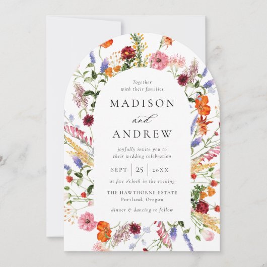 Colorful Watercolor Wildflower Arch Wedding 招待状 (正面)