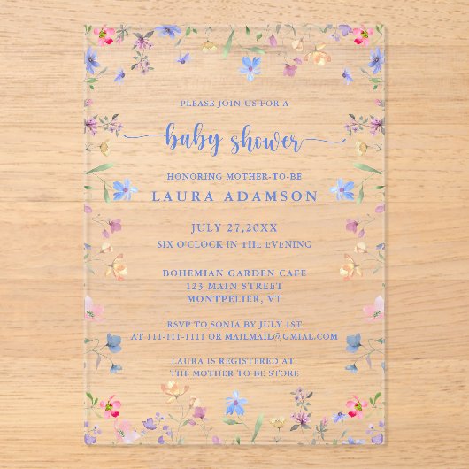 Colorful Watercolor Wildflowers Baby Shower アクリル招待状 (正面)