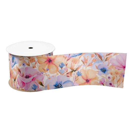 Colorful Watercolor Wildflowers Floral Pattern サテンリボン (リール)