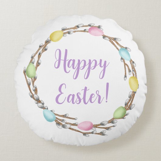 Colorful Watercolor Willow Wreath Happy Easter ラウンドクッション (正面)