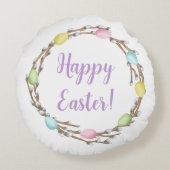 Colorful Watercolor Willow Wreath Happy Easter ラウンドクッション (裏面)