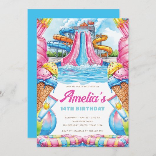 Colorful Waterpark Birthday 招待状 (正面/裏面)
