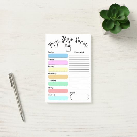 Colorful Weekly Meal Plan Post-It Note 4"x6" ポストイット (オフィス)