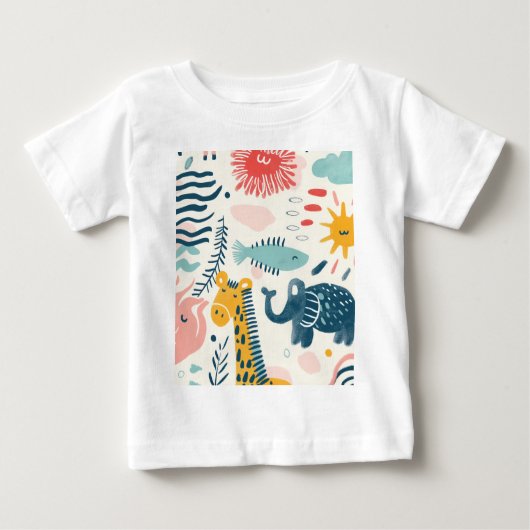 Colorful whimsical animals with doodles, patterns ベビーTシャツ (正面)