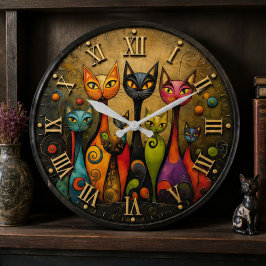 Colorful Whimsical Cats ラージ壁時計