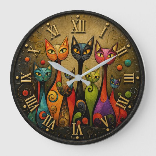 Colorful Whimsical Cats ラージ壁時計 (正面)