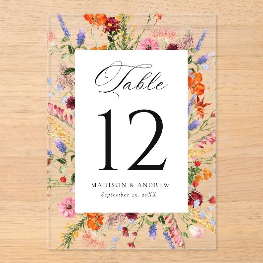 Colorful Wildflower Acrylic Wedding Table Number アクリル招待状 (正面)