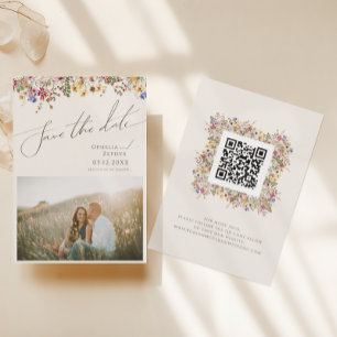 Colorful Wildflower Beige Meadow Photo QR Code セーブザデート