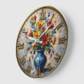Colorful Wildflower Blue Vase Floral Art ラージ壁時計 (傾斜)