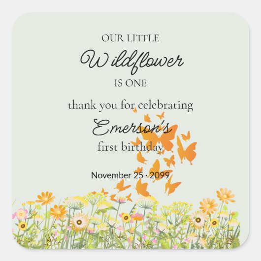 Colorful Wildflower Butterfly 1st Birthday スクエアシール (正面)