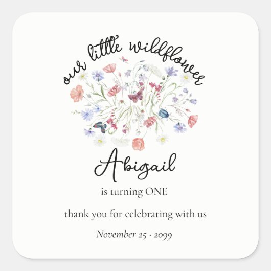 Colorful Wildflower Centerpiece 1st Birthday Party スクエアシール (正面)