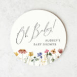 Colorful Wildflower Oh Baby ラウンドペーパーコースター<br><div class="desc">This colorful wildflower oh baby round paper coaster is perfect for your simple, whimsical, boho rainbow summer baby shower. The bright, enchanted pink, yellow, orange, and gold color florals give this product the feel of a minimalist, elegant, vintage hippie spring garden. The modern design is artsy and delicate, portraying a...</div>