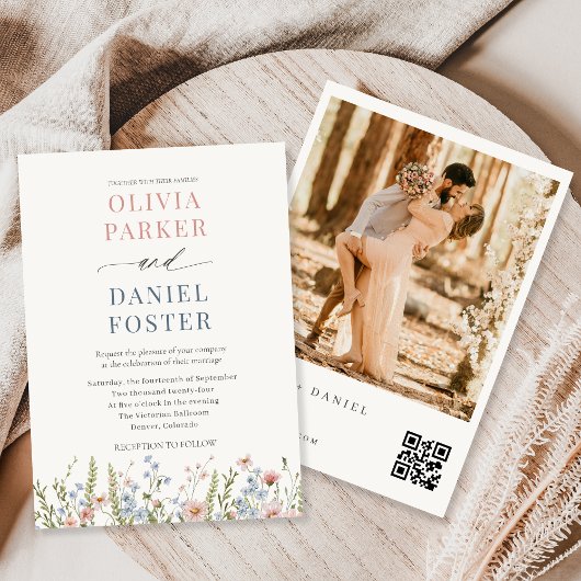 Colorful Wildflower QR Code Photo Wedding 招待状
