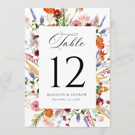 Colorful Wildflower Wedding Table Number Card 招待状 (正面)