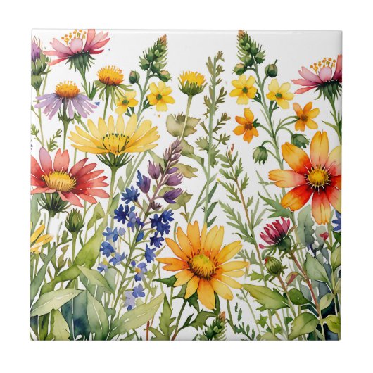 Colorful wildflowers watercolor painting タイル (正面)
