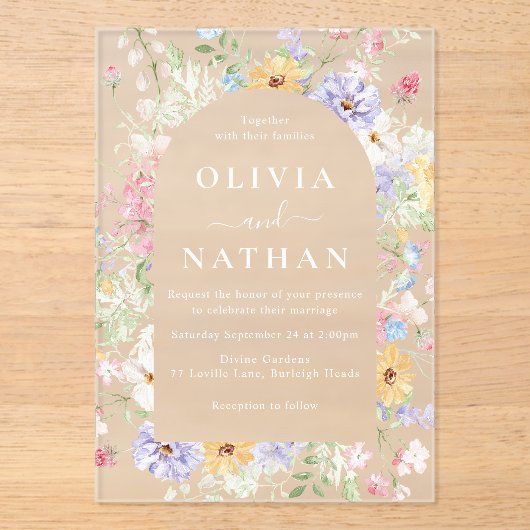 Colorful Wildflowers Wreath Wedding Frosted アクリル招待状 (正面)