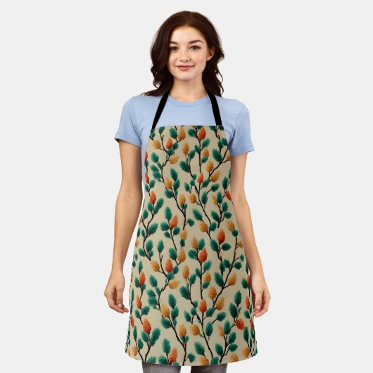 Colorful Winter Pinecone Branches エプロン (着用した状態)