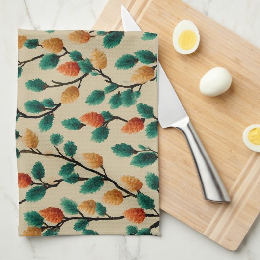 Colorful Winter Pinecone Branches キッチンタオル (四つ折り)