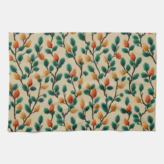 Colorful Winter Pinecone Branches キッチンタオル (横)