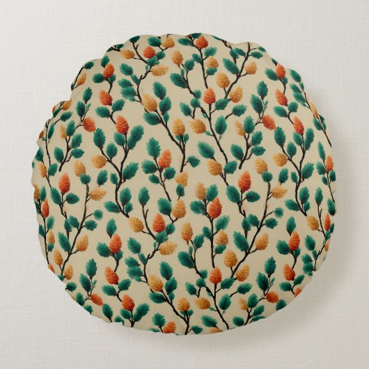 Colorful Winter Pinecone Branches ラウンドクッション (正面)
