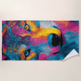 Colorful Wolf Portrait Pop Art Splash Illustration ビーチタオル
