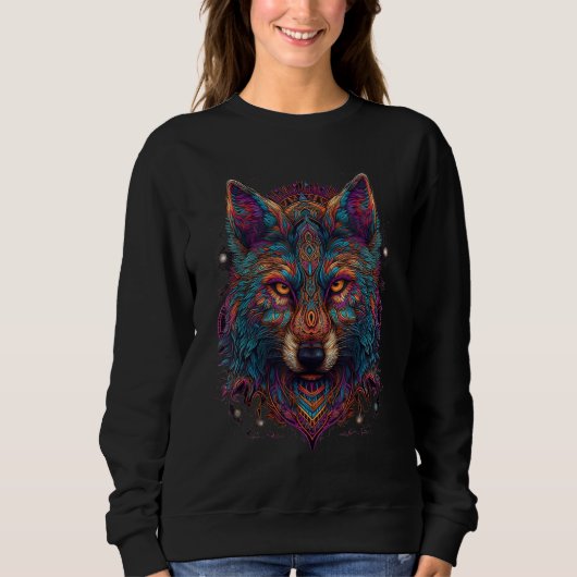 Colorful Wolf Psychedelic Trippy Hippie Men Women スウェットシャツ (正面)