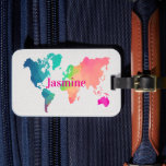 Colorful World Map Custom Monogram Name Luggage  ラゲッジタグ<br><div class="desc">Add a fun touch to your travels with this colorful girly world map luggage tag! The bright travel map design makes your suitcase easy to spot at the airport and adds a stylish, feminine touch to any bag. Personalize it with your name to create a unique custom luggage tag that’s...</div>